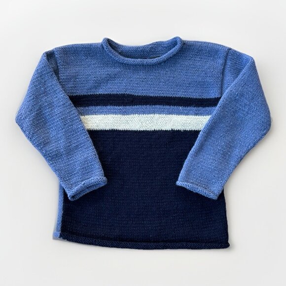 Avenue Sweaters - Avenue Hand Knit Wool Sweater Women's Size Med Thick Crew Neck Blue Colorblock